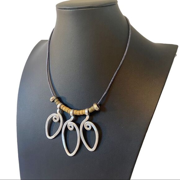 “Spoon” Necklace with beads on black leather cord. Cool & Unique - Picture 2 of 4